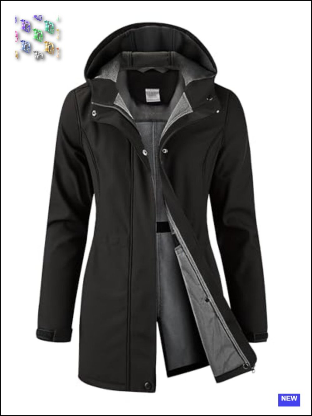Waterproof Softshell Long Rain Jacket Fleece Lined Hooded 2-Way Zip